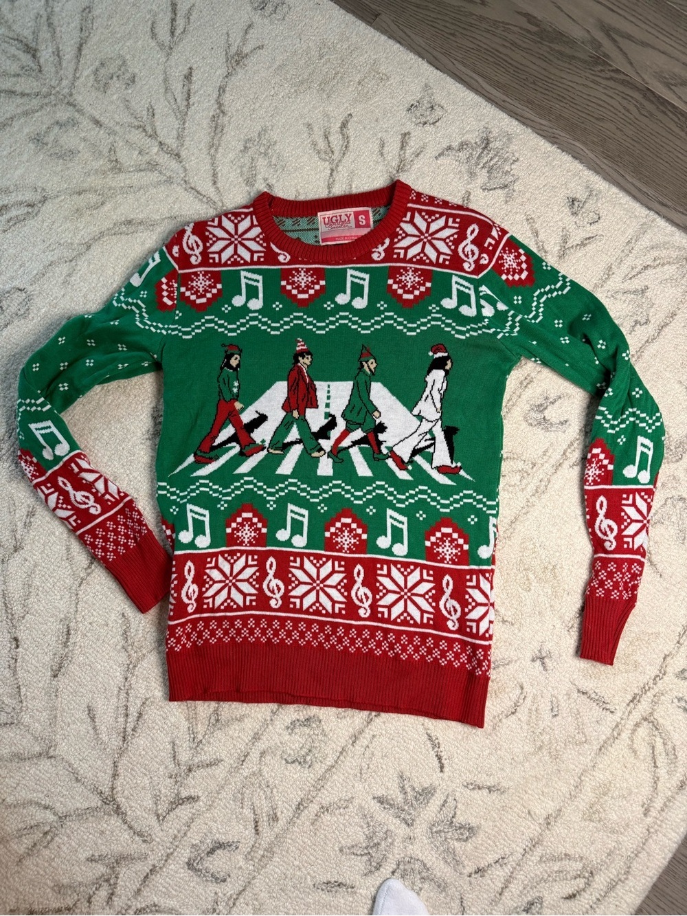 Ugly Christmas Sweater Beatles Abbey Road Graphic Knit Pullover Size Small - Picture 2 of 5